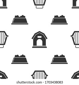 Set Pet carry case, Dog house and Pet food bowl on seamless pattern. Vector
