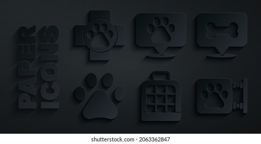 Set Pet carry case, Dog bone, Paw print, Veterinary clinic, Location veterinary and  icon. Vector