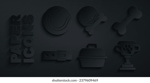 Set Pet carry case, Dog bone, Collar with name tag, award, toys rubber and ball and Tennis icon. Vector