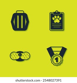 Set Haustier Tragetasche, Hundeauszeichnung Symbol, Katzennase und Klinische Rekord Haustier Symbol. Vektorgrafik