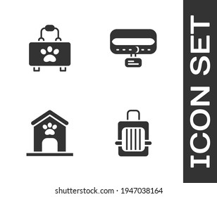 Set Pet carry case, first aid kit, Dog house and paw print and Collar with name tag icon. Vector