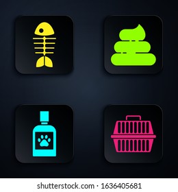 Set Pet carry case, Fish skeleton, Dog medicine bottle and Shit. Black square button. Vector