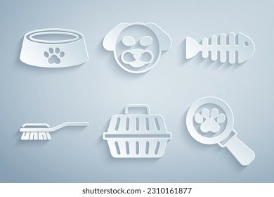 Set Pet carry case, Fish skeleton, Hair brush for dog and cat, Veterinary clinic, Dog and food bowl icon. Vector