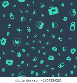 Set Pet carry case, Fish, Animal health insurance and Retractable cord leash on seamless pattern. Vector