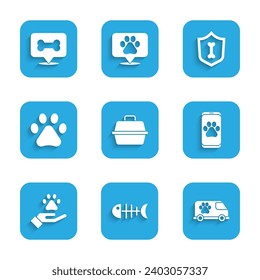 Set Pet carry case, Fish skeleton, Veterinary ambulance, clinic, Hands with animals footprint, Paw, Animal health insurance and Dog bone icon. Vector