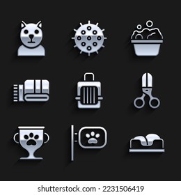 Set Pet carry case, grooming, bed, Scissors hairdresser, award, Towel stack, Pets bath and Cat icon. Vector