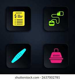Set Pet carry case, Grooming salon price list, Nail file pet and Retractable cord leash. Black square button. Vector