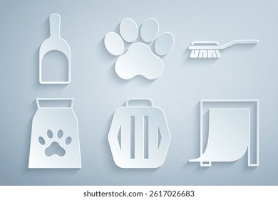 Set Pet carry case, Hair brush for dog and cat, Bag of food pet, Door, Paw print and Dustpan icon. Vector
