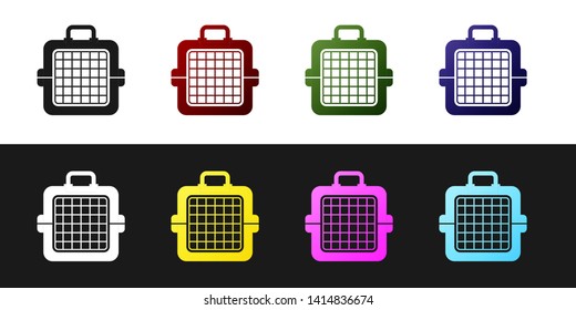 Set Pet carry case icon isolated on black and white background. Carrier for animals, dog and cat. Container for animals. Animal transport box. Vector Illustration