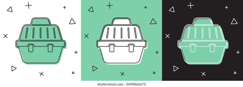 Set Pet carry case icon isolated on white and green, black background. Carrier for animals, dog and cat. Container for animals. Animal transport box.  Vector