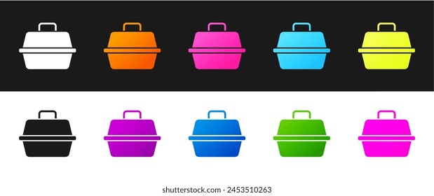 Set Pet carry case icon isolated on black and white background. Carrier for animals, dog and cat. Container for animals. Animal transport box.  Vector