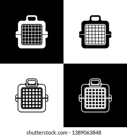 Set Pet carry case icons isolated on black and white background. Carrier for animals, dog and cat. Container for animals. Animal transport box. Vector Illustration