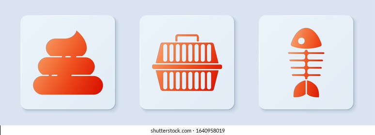 Set Pet carry case, Shit and Fish skeleton. White square button. Vector