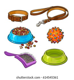 Set of pet, cat, dog accessories full and empty bowl, collar, leash, rubber ball, hairbrush, sketch vector illustration isolated on white background. Hand drawn pet accessories on white background