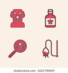Set Pet cat toy, Dog, medicine bottle and Flea search icon. Vector