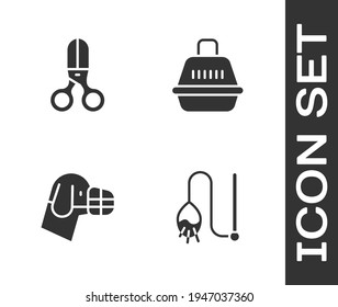 Set Pet cat toy, Scissors hairdresser, Dog in muzzle and carry case icon. Vector