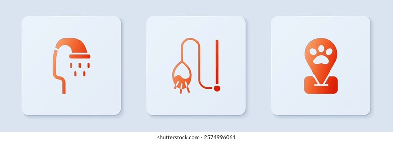 Set Pet cat toy, shower and Location pet grooming. White square button. Vector