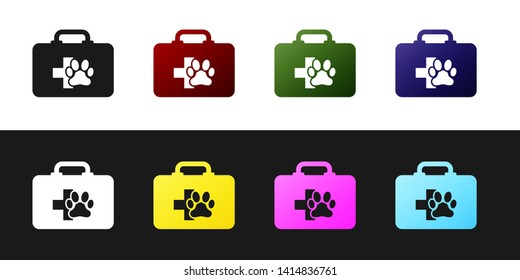 Set Pet first aid kit icon isolated on black and white background. Dog or cat paw print. Clinic box. Vector Illustration