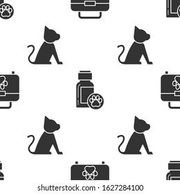 Set Pet first aid kit, Dog medicine bottle and Cat on seamless pattern. Vector