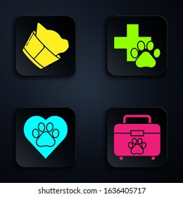 Set Pet first aid kit, Veterinary clinic symbol, Heart with animals footprint and Veterinary clinic symbol. Black square button. Vector