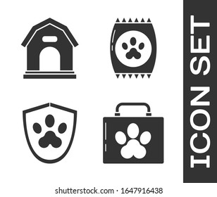 Juego de botiquín de primeros auxilios, Casa de perros, Seguro de salud animal y Bolsa de alimentos para ícono de mascotas. Vector