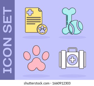 Set Pet first aid kit, Clipboard with medical clinical record pet, Paw print and Pet toys bone rubber and ball icon. Vector