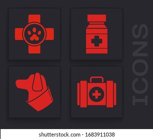 Set Pet first aid kit, Veterinary clinic symbol, Dog medicine bottle and pills and Dog icon. Vector