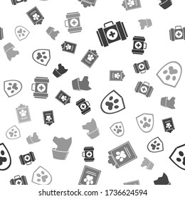 Set Pet first aid kit, Clipboard with medical clinical record pet, Animal health insurance and Cat on seamless pattern. Vector