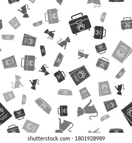 Set Pet first aid kit, Cat, Bag of food for dog and Pet food bowl for cat or dog on seamless pattern. Vector
