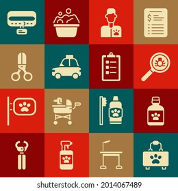 Set Pet first aid kit, Dog medicine bottle, Flea search, Veterinarian doctor, car taxi, Scissors hairdresser, Collar with name tag and Grooming salon price list icon. Vector