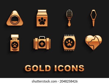 Set Pet first aid kit, Pets vial medical, Heart with cat, Bag of food for pet, Dog medicine bottle and pills, Hair brush dog, bed and  icon. Vector