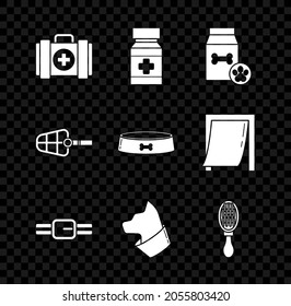 Set Pet first aid kit, Dog medicine bottle and pills, Bag of food for pet, Collar with name tag, Cat, Hair brush dog cat, muzzle and bowl icon. Vector