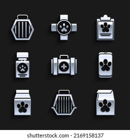 Set Pet primer aid kit, caja de transporte, Bolsa de alimentos para mascotas, Símbolo de la clínica veterinaria en línea, Frasco y pastillas de la medicina del perro, Portapapeles con registro clínico e ícono. Vector