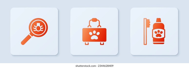 Set Pet first aid kit, Flea search and Dental hygiene for pets. White square button. Vector