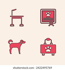 Set Pet first aid kit, grooming table, Certificate for dog or cat and Dog icon. Vector