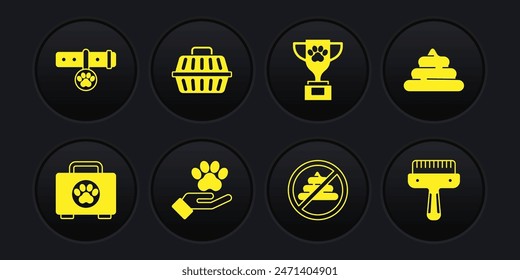 Set Kit de primeros auxilios para mascotas, Mierda, Manos con huella de animales, Sin mierda, premio, estuche de transporte, Cepillo de pelo para gato de perro e icono de etiqueta de nombre de collar. Vector