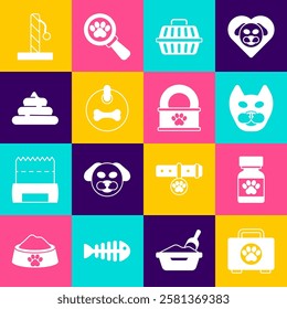 Set Pet first aid kit, Medicine bottle and pills, Cat, carry case, Dog collar, Shit, scratching post and Canned food icon. Vector