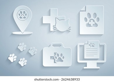 Set Pet first aid kit, Medical certificate for dog or cat, Paw print, Clinical record pet on monitor, Veterinary clinic and Location veterinary icon. Vector