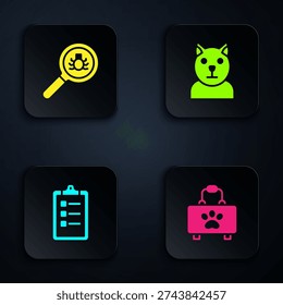 Set Pet first aid kit, Flea search, Grooming salon price list and Cat. Black square button. Vector