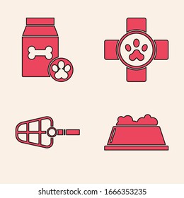 Set Pet food bowl, Bag of food for pet, Veterinary clinic symbol and Dog muzzle icon. Vector