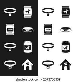 Set Pet food bowl, Bag of for cat, Collar, dog, Cat collar and Canned icon. Vector