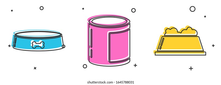 Set Pet food bowl, Canned food and Pet food bowl icon. Vector