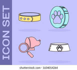 Set Pet food bowl for cat or dog, Collar with name tag, Veterinary clinic symbol and Paw print icon. Vector