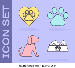 Set Pet food bowl for cat or dog, Heart with animals footprint, Dog and Paw print icon. Vector