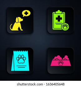 Set Pet food bowl for cat or dog, Veterinary clinic symbol, Bag of food for dog and Clipboard with medical clinical record pet. Black square button. Vector