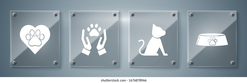 Set Pet food bowl for cat or dog, Cat, Hands with animals footprint and Heart with animals footprint. Square glass panels. Vector