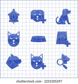 Set Pet food bowl for cat or dog, Veterinary clinic symbol, Bag of, Cat, Dog and Turtle icon. Vector