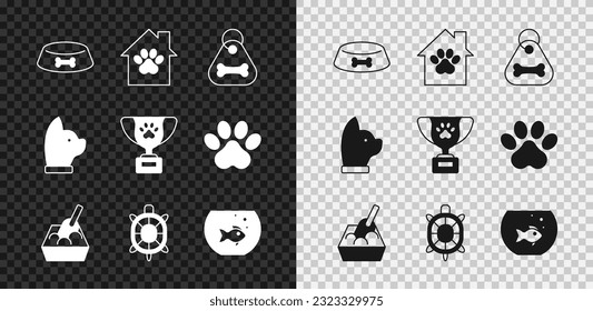 Set Pet food bowl for cat or dog, house, Dog collar with bone, Cat litter tray shovel, Turtle, Aquarium fish,  and award symbol icon. Vector