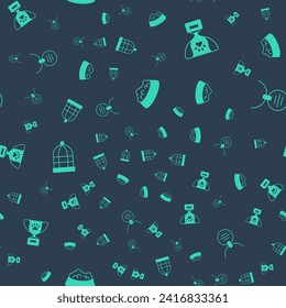 Set Pet food bowl for cat or dog, award symbol, Cage birds and Collar with name tag on seamless pattern. Vector