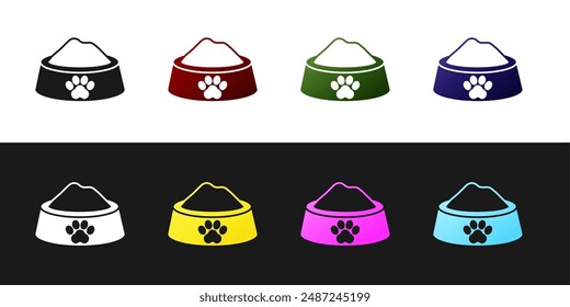 Set Pet food bowl for cat or dog icon isolated on black and white background. Dog or cat paw print.  Vector